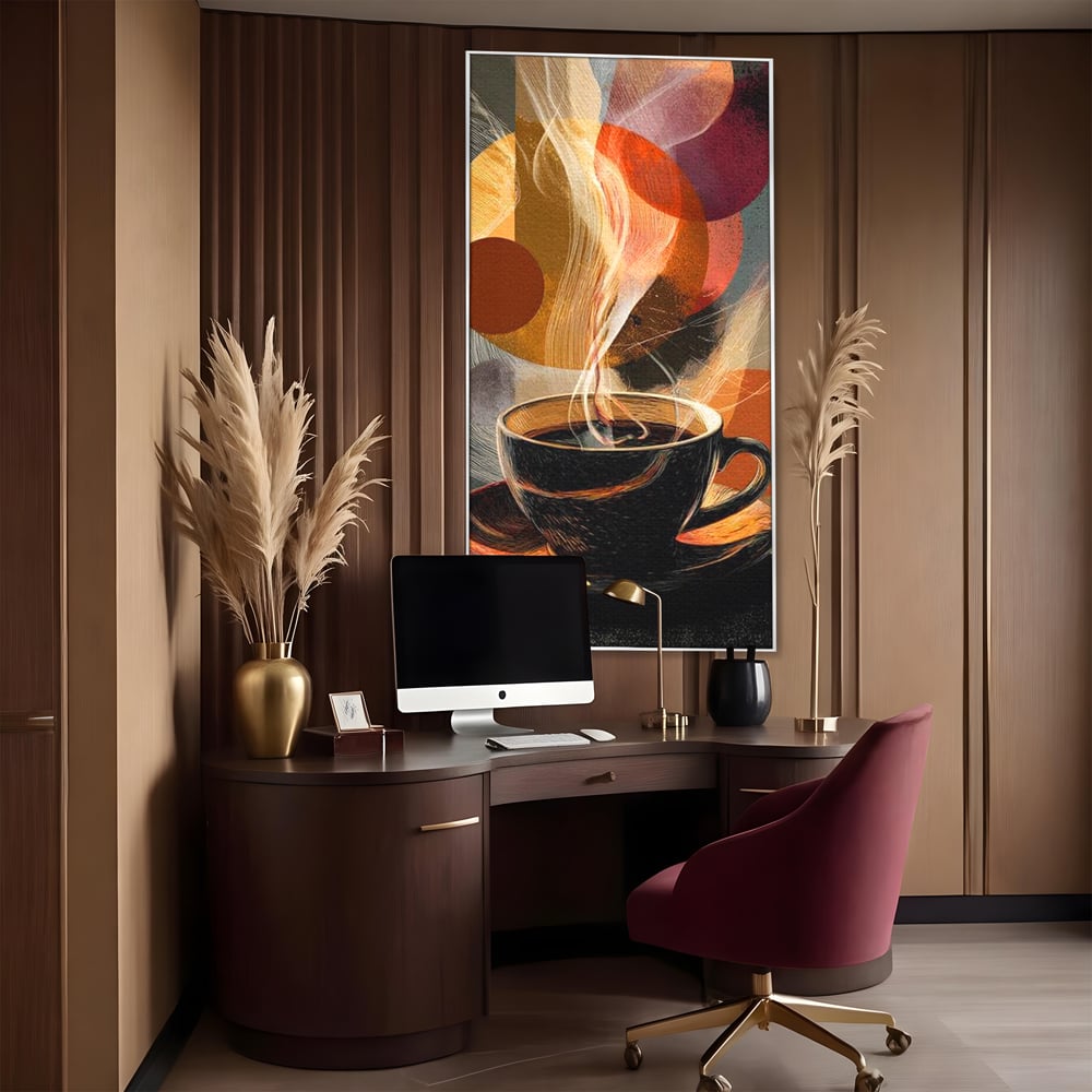 Tablou canvas cu tablou canvas cu ceasca de cafea, in rama de aluminiu argintiu, pe perete intr-un birou